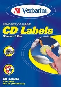Etiquetas para DVD/CD Verbatim 210mm Anchura x 297mm Longitud, 20 hojas A4