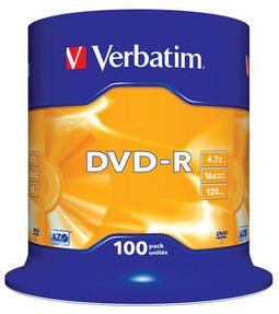 DVD-R Matt Silver 4.7GB 16x Bobina 100 Pack Spindle Verbatim