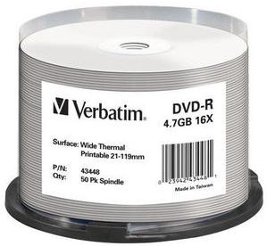 DVD-R Wide Thermal Printable No ID Brand 4.7GB 16x Bobina 50 Pack Spindle Verbatim