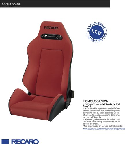 Asiento deportivo con homologación RECARO SPEED Velour/Vinilo rojo.