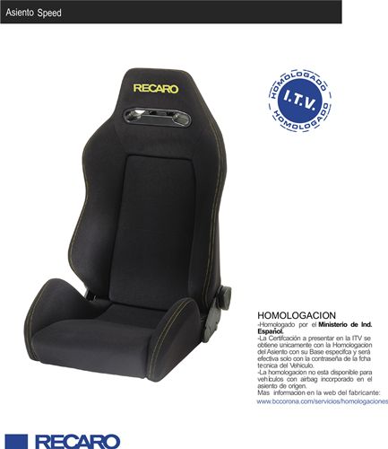Asiento deportivo con homologación RECARO SPEED Velour negro costura amarilla.