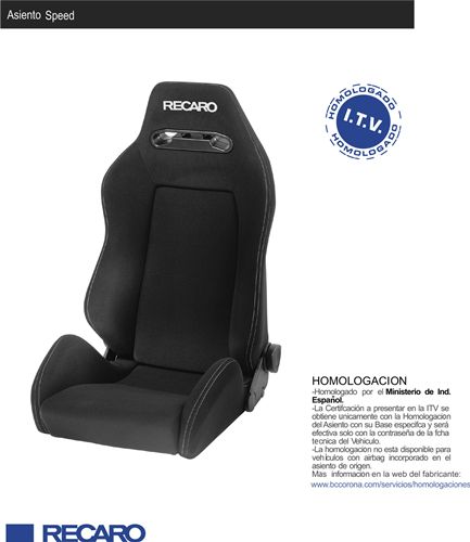 Asiento deportivo con homologación RECARO SPEED Velour negro costura blanca.