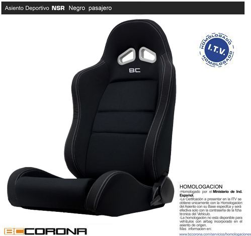 Asiento deportivo con homologación BCCORONA NSR Negro. Lado pasajero