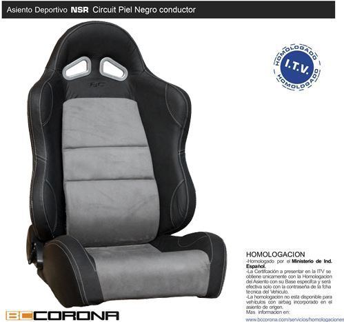 Asiento deportivo con homologación BCCORONA NSR Circuit Piel Negro/Gris. Lado conductor