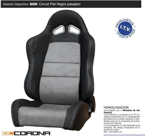 Asiento deportivo con homologación BCCORONA NSR Circuit Piel Negro/Gris. Lado pasajero