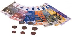 Cartera con 28 billetes y 80 monedas de Miniland, euros, en plástico lavable y resistente