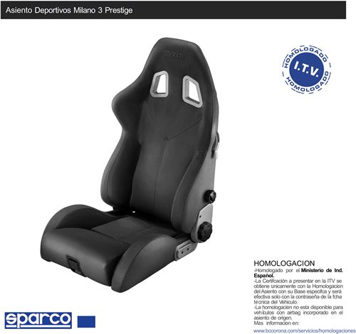 Asiento deportivo con homologación SPARCO MILANO 3 PRESTIGE Piel Negro Pasajero