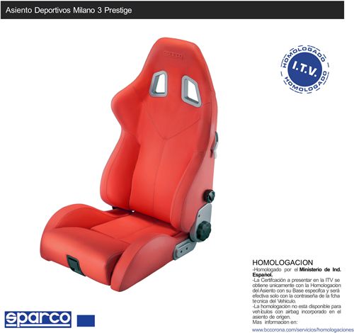 Asiento deportivo con homologación SPARCO MILANO 3 PRESTIGE Piel Rojo Conductor
