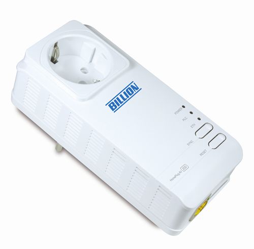 Adaptador PowerLine PLC Billion BiPAC 2074 R2 - Transmisor de conexión LAN/Internet a través de red eléctrica hasta 200Mbs - 10/100 ethernet - Con ahorro de energía y puerto para conectar un enchufe