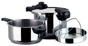 SET DE OLLAS A PRESIÓN "OLYMPIC 4+6 OR0964" DE SOLAC.INCLUYE:CUERPO DE OLLA DE 4,5L Y 6L, TAPA DE OLLA A PRESIÓN Y CESTILLO DE ACERO INOXIDABLE PARA COCINAR AL VAPOR.
