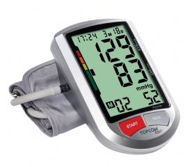 Topcom Tensiometro de brazo BPM Arm 5500 XLD con pantalla LCD extragrande, muestra tensión arterial según los estándares de la OMS