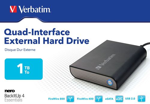 Disco duro externo de 1TB con interfaz cuádruple Verbatim - Disco Duro Negro 1 TB (1.000 GB) 3,5" externo combo USB 2.0/eSATA/Firewire400-800