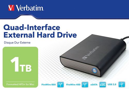 Disco Duro Externo con interfaz cuádruple Verbatim de 1 TB. Formato HFS+ para Mac OS - Disco Duro Negro 1 TB (1.000 GB) 3,5" externo combo USB 2.0/eSATA/Firewire400-800