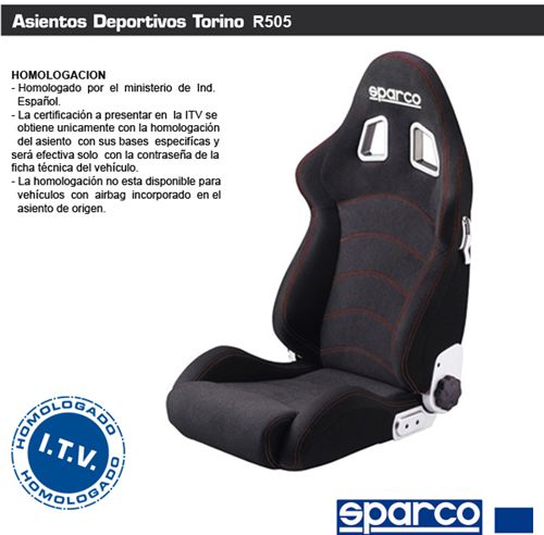 Asiento deportivo con homologación SPARCO TORINO R505 Velour Negro/costura roja. Pasajero