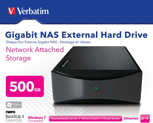 Disco duro externo NAS Gigabit Verbatim de 500 GB - Disco Duro Negro 500 GB de 3,5" externo USB 2.0, Gigabit , PC, MAC, Linux, FTP, iTunes, Encriptación