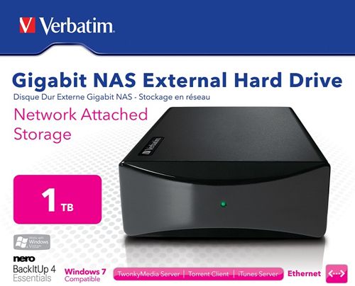 Disco duro externo NAS Gigabit Verbatim de 1 TB - Disco Duro Negro 1 TB de 3,5" externo USB 2.0, Gigabit , PC, MAC, Linux, FTP, iTunes, Encriptación