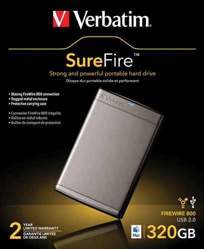 Disco duro portátil SureFire Verbatim de 320 GB. Formato HFS+ para Mac OS - Disco Duro Gris 320 GB de 2,5" externo combo USB 2.0/Firewire400-800, PC, MAC