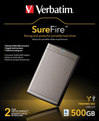 Disco duro portátil SureFire Verbatim de 500 GB. Formato HFS+ para Mac OS - Disco Duro Gris 500 GB de 2,5" externo combo USB 2.0/Firewire400-800, PC, MAC