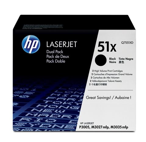 Q7551XD - Cartucho de impresión en NEGRO de paquete doble HP LaserJet Q7551X - Compatible con HP LaserJet P3005, HP LaserJet M3027 mfp, HP LaserJet M3035 mfp