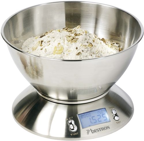 BÁSCULA DE COCINA. Precisión: 1 gramo. Capacidad de 5 Kg.Con bandeja de acero inoxidable gran tamaño. Pantalla LCD iluminada de fácil lectura.