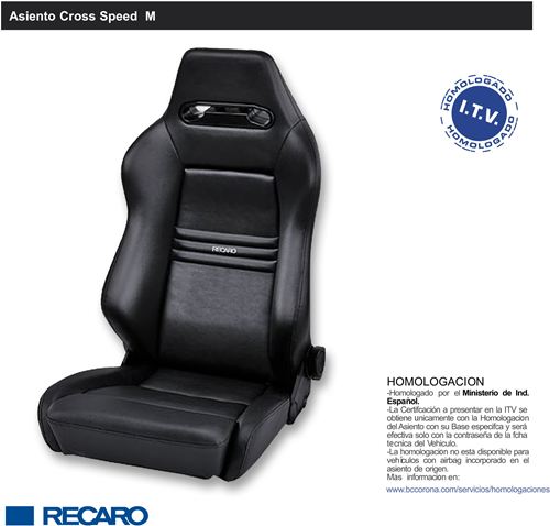 Asiento deportivo con homologación RECARO CROSS SPEED Talle M en Piel Negro.