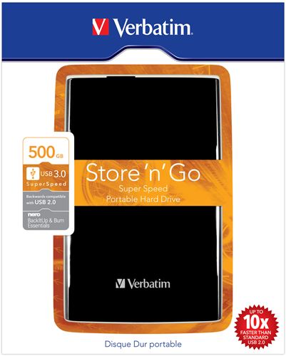 Disco Duro Portátil Store 'n' Go Verbatim USB 3.0 de 500 GB en color Negro - Disco Duro Negro 500 GB de 2,5" externo USB 3.0/2.0, PC, MAC, Linux