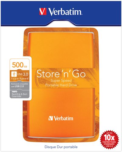 Disco Duro Portátil Store 'n' Go Verbatim USB 3.0 de 500 GB en color Naranja volcánico - Disco Duro Naranja 500 GB de 2,5" externo USB 3.0/2.0, PC, MAC, Linux