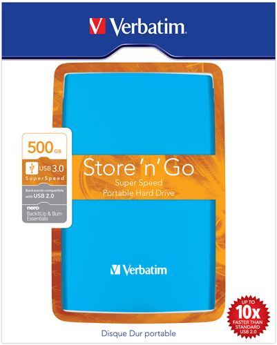 Disco Duro Portátil Store 'n' Go Verbatim USB 3.0 de 500 GB en color Azul turquesa - Disco Duro Azul 500 GB de 2,5" externo USB 3.0/2.0, PC, MAC, Linux