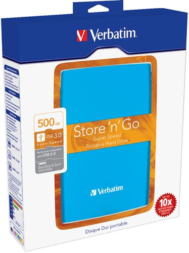 Disco Duro Portátil Store 'n' Go Verbatim USB 3.0 de 500 GB en color Azul turquesa - Disco Duro Azul 500 GB de 2,5" externo USB 3.0/2.0, PC, MAC, Linux