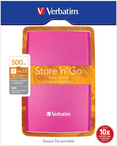 Disco Duro Portátil Store 'n' Go Verbatim USB 3.0 de 500 GB en color Rosa fucsia - Disco Duro Rosa 500 GB de 2,5" externo USB 3.0/2.0, PC, MAC, Linux