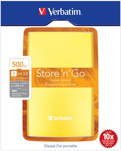 Disco Duro Portátil Store 'n' Go Verbatim USB 3.0 de 500 GB en color Amarillo besado en sol - Disco Duro Amarillo 500 GB de 2,5" externo USB 3.0/2.0, PC, MAC, Linux