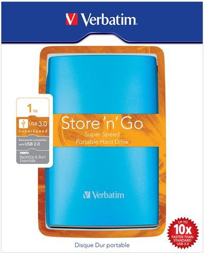 Disco Duro Portátil Store 'n' Go Verbatim USB 3.0 de 1 TB en color Azul turquesa - Disco Duro Azul 1 TB (1.000 GB) de 2,5" externo USB 3.0/2.0, PC, MAC, Linux