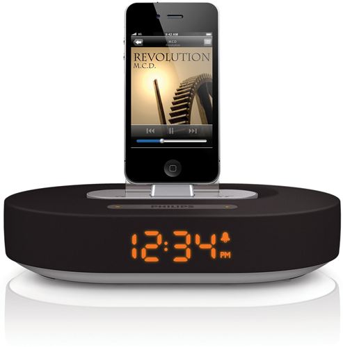 Philips Fidelio Altavoz base para iPod, iPhone o iPad DS1200/12 Reloj despertador Luz nocturna Carga dos dispositivos a la vez Blindaje de interferencias de teléfonos USB 5 V