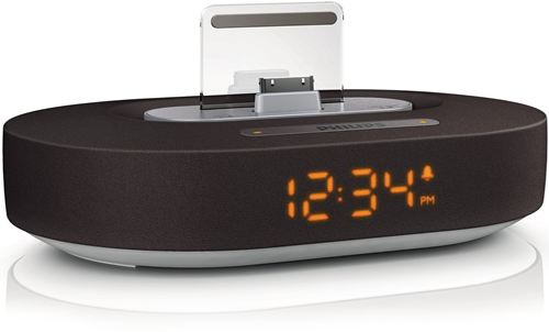 Philips Fidelio Altavoz base para iPod, iPhone o iPad DS1200/12 Reloj despertador Luz nocturna Carga dos dispositivos a la vez Blindaje de interferencias de teléfonos USB 5 V
