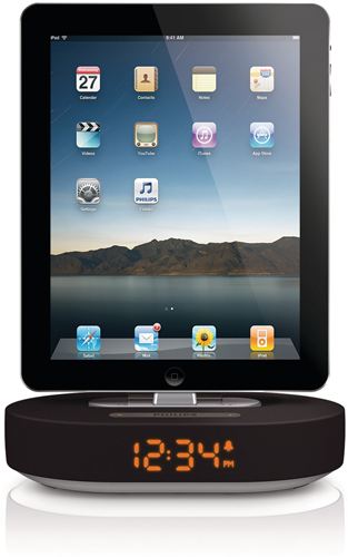Philips Fidelio Altavoz base para iPod, iPhone o iPad DS1200/12 Reloj despertador Luz nocturna Carga dos dispositivos a la vez Blindaje de interferencias de teléfonos USB 5 V