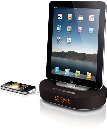 Philips Fidelio Altavoz base para iPod, iPhone o iPad DS1200/12 Reloj despertador Luz nocturna Carga dos dispositivos a la vez Blindaje de interferencias de teléfonos USB 5 V