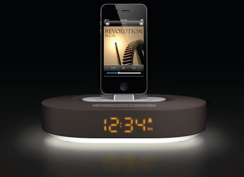 Philips Fidelio Altavoz base para iPod, iPhone o iPad DS1200/12 Reloj despertador Luz nocturna Carga dos dispositivos a la vez Blindaje de interferencias de teléfonos USB 5 V