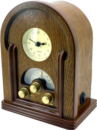 Radio Nostalgia Soundmaster AM/FM con reloj y alarma en madera.