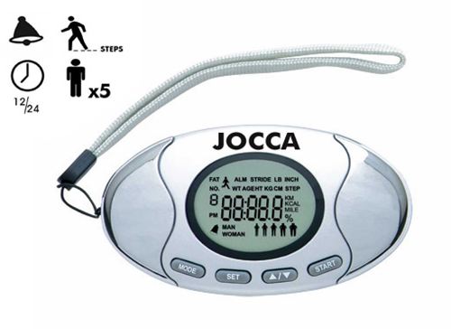Podómetro electrónico provisto de 5 memorias para recoger tus progresos, con medidor de grasa corporal, alarma, hora y contador de pasos.