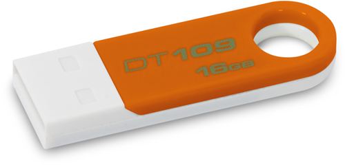 Memoria USB Kingston DataTraveler 109, 16 GB, USB 2.0 Hi-Speed, Windows, Mac, Linux, 8 gramos, Blanco y Naranja. ¡Portátil, pequeña y moderna!