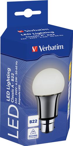 Bombilla LED Clássic A Verbatim - Casquillo B22, Potencia 6.5W, 35.000 horas vida útil, Color de la luz WW 2700 K, Flujo luminoso 250 lm