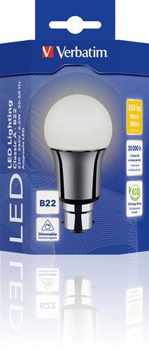 Bombilla LED Clássic A Verbatim - Casquillo B22, Potencia 6.5W, 35.000 horas vida útil, Color de la luz WW 2700 K, Flujo luminoso 250 lm