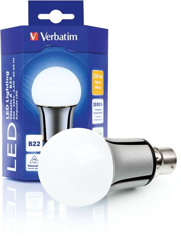 Bombilla LED Clássic A Verbatim - Casquillo B22, Potencia 6.5W, 35.000 horas vida útil, Color de la luz WW 2700 K, Flujo luminoso 250 lm