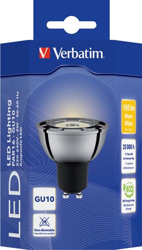 Foco LED PAR16 Verbatim - Casquillo GU10, Potencia 4W, 25.000 horas vida útil, Color de la luz WW 2850 K, Flujo luminoso 100 lm, Intensidad 380 cd
