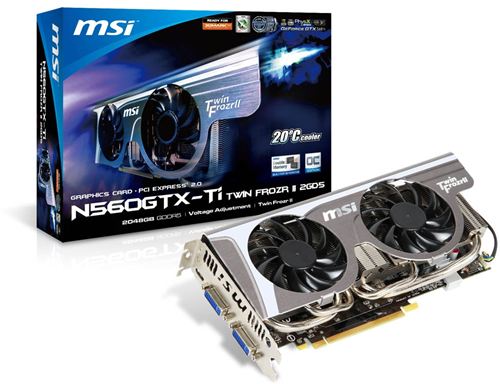 Tarjeta Gráfica GeForce GTX 560 Ti 3D MSI N560GTX-Ti Twin Frozr II 2GD5/OC - PCI Express x16 2.0 Perfil bajo, 2 GB GDDR5 256 bits 4008MHz, 2560x1600, GPU 880MHz, Display Port Mini HDMI / DVI-D, SLI®