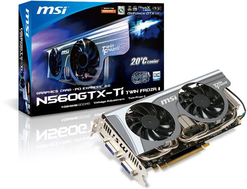 Tarjeta Gráfica GeForce GTX 560 Ti 3D MSI N560GTX-Ti Twin Frozr II/OC - PCI Express x16 2.0 Perfil bajo, 1 GB GDDR5 256 bits 4200MHz, 2560x1600, GPU 880MHz, Display Port Mini HDMI / DVI-D, SLI®/CUDA™