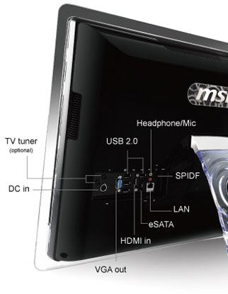 Ordenador Sobremesa AIO MSI Wind Top AE2410 Serie Entertainment, LCD Multi Táctil 23.6" 1920x1080, 16:9, Core™ i5-2410M 2.3GHz, 4GB DDR3, 500GB SATA2, NVIDIA GeForce™ GT 540M, HDMI, VGA, WiFi, Negro