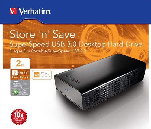 Disco duro de sobremesa Verbatim SuperSpeed USB 3.0 de 2 TB Store 'n' Save - Disco Duro Negro 2 TB (2.000 GB) de 3,5" externo USB 3.0/2.0, PC/MAC/Linux