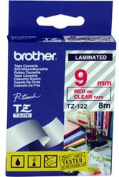 Cinta Laminada transparente TZ-9mm de tonalidad rojo TZE-122 Brother 9mm x 8mm x 1mm para Rotuladoras electrónicas P-Touch