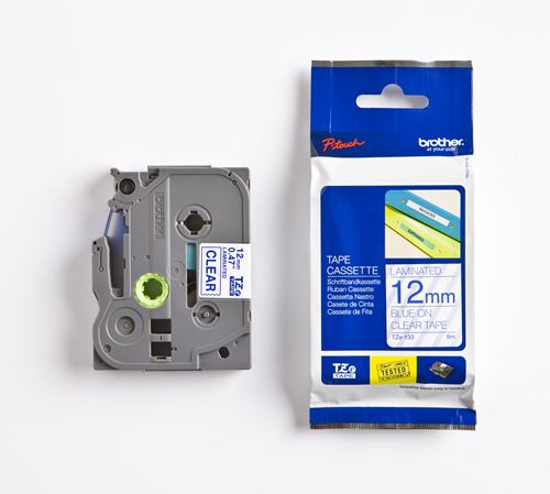Cinta Laminada transparente TZ-12mm de tonalidad azul TZE-133 Brother 12mm x 8mm x 1mm para Rotuladoras electrónicas P-Touch